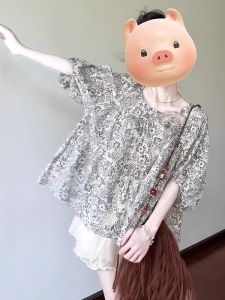 WANGGONGZHU | Chic Round Neck Floral Short Sleeve Shirt Womens Summer 2025 New Design Korean Style Princess Doll Shirt Korean Loose Fit