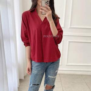 KEMEJA SPESIAL MERAH  WANITA VNECK / KEMEJA MERAH / KEMEJA MAROON / KEMEJA IMLEK / KEMEJA CHONGSAM