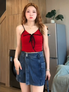 GHAOHES กางเกงกระโปรงยีนส์ สีดำสีน้ำเงินเอวสูงการออกแบบไม่สม่ำเสมอ เก็บพุงดูผอม #118