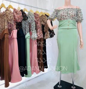 A&B 85-7133 Dres import premium bahan scuba kombi ceruty motif bunga realpic LD 80-94 PJ 107 lengan panjang+pendek gaya korea sabrina good quality Bunga Manis Liburan Slim-fitting Boat Neck Santai | drss duyung | gaun pesta terbaru