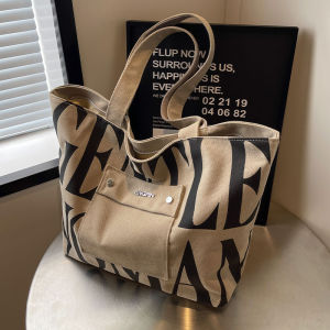 Large Capacity Letter Tote Bag Womens Canvas Shoulder Bag for Commuting And Class Casual Pure Color Zipper Closure Handbag