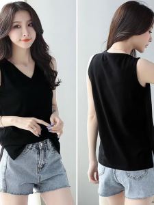 เสื้อกั๊กคอวีหลวมๆ 2 ชิ้นสำหรับผู้หญิงในฤดูร้อนปี 2024 เสื้อกั๊กแขนกุดแบบลำลองสำหรับใส่ในชั้นใน เสื้อผ้าทำงานสไตล์เกาหลี