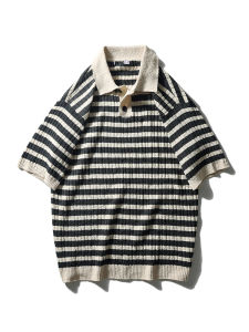 American Style Knitted Polo Shirt Mens Short Sleeve Summer Loose Clothing T-Shirt with Collar Breathable Lightweight Casual Top