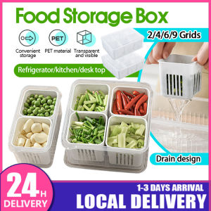 Multi-function Storage Boxes for Kitchen 2/4/6/9 Grids Refrigerator Food Vegetable Fruit Chopped Green Onion Divided Container  Refrigerator Preservation Box With Lid Bekas Makanan Peti Sejuk 冰箱收纳盒