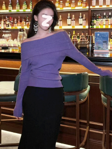 เสื้อสเวตเตอร์ถักไหล่เดียวสีม่วง แขนยาว ทรงสลิมฟิต ทรงเข้ารูป แฟชั่นฤดูใบไม้ร่วง 2025 เสื้อผ้าทำงานสำหรับผู้หญิง