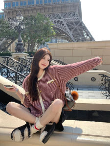 French Style Red Diagonal Stripe Knitted Sweater Coat Womens Autumn Winter High End Feeling Little Fragrance Wind Top
