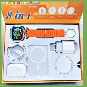 Newkee【8 in 1】2023 Smart Watch Set Ultra 8 49mm Series 8 Bluetooth Call  Temperature Measuring Health Monitoring Men Women Fitness Bracelet Waterproof + Earphone+Power bank+Wireless charger GIFT BOX