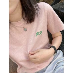 เสื้อยืดผู้หญิงคอตตอนไผ่ระบายอากาศสบายสไตล์เกาหลีพร้อมฝีมือปักแขนสั้นหลวมๆ ทรงเข้ารูปสำหรับฤดูร้อน