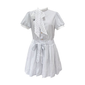 SUSIEYUAN | Korean College Style Striped Shirt Dress Women Summer New Miu Waist Cinching Short Skirt Sweet High Waist Polyester Fiber A-Line Skirt Bubble Sleeve