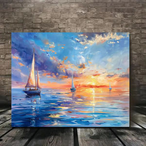 KAYOU | Number Oil Painting Sailing Boat Sunrise Sea View Kit Unframed Canvas Painting By Numbers DIY Handmade Artwork for House Decor