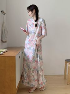 Summer 2024 Cotton Silk Cheongsam Style Sleep Dress Traditional Chinese Fashion Long Dress Outdoor Wearable Retro Home Clothes