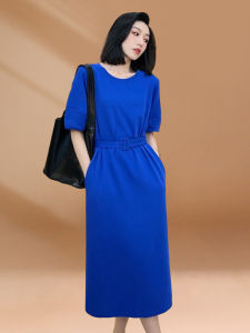 Klein Blue Womens Summer Long Casual T-shirt Dress Design Sensation Slimming Waist Adjustment A-Line Korean Style Commute