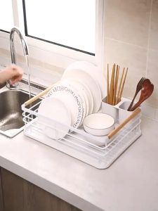 Japanese Style Dish Rack Drain Rack with Wood Handle Tray Drainer and Utensil Box Kitchen Countertop