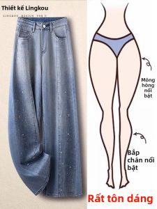 NUMEN BUTTON | Quần Jeans Chân Rộng Cao Waisted Phồng Đính Hạt Kim Cương Dáng Thẳng Bó