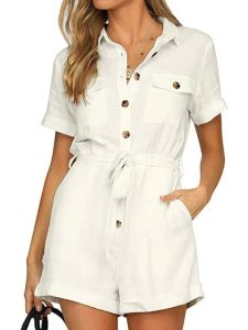 High Waist Short Sleeve Rompers with Lapels Button Detail Street Style Polyester Fiber Summer Thin Fabric Casual Pants