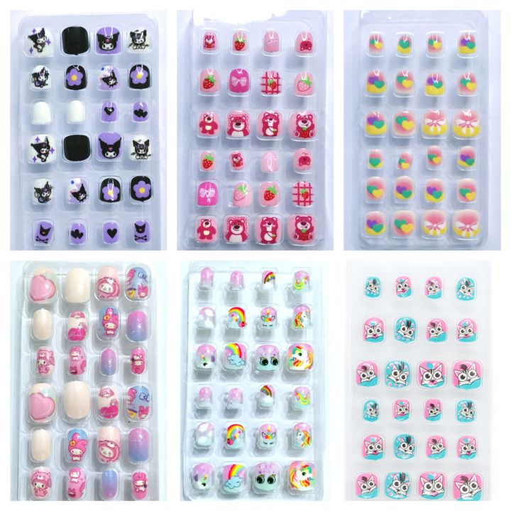 12 24pcs Kids Fake Nail Set With Back Glue Press On Nails Kuromi Nail 