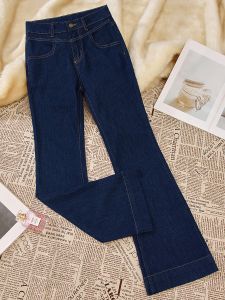 High Waist Flared Jeans Womens Fleece Lined Denim Blue Spring Autumn Slimming Bootcut Pants Long Cotton Elastic Fabric