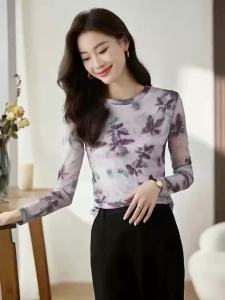 AMMIN 2024 Autumn new simple round neck fashion Tie dye print long sleeve knit shirt Womens Korean style Casual Bubble sleeve ink butterfly print elegant blouse