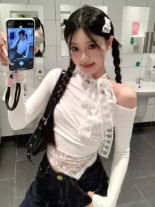 Áo Thun Tay Dài American Pure Desire Sweet Spicy Bé Gái Lace Shoulder Spring Autumn Womens Slim Fit Base Shirt Trendy