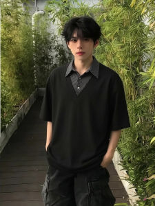 OUMULONG | Black Illusion Two-Piece Stylish Plaid Contrast Polo Shirt