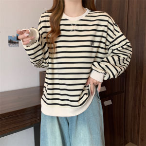 Loose round Neck Sweatshirt Womens Spring Autumn plus Size Slimming Tummy Covering Striped Long Sleeve Base Shirt Top