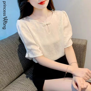 WANGGONGZHU | New Chinese Style Button Shirt Women Summer 2025 Hollow Out Design Pearl Button Fashionable Top Princess Cut Straight Tube