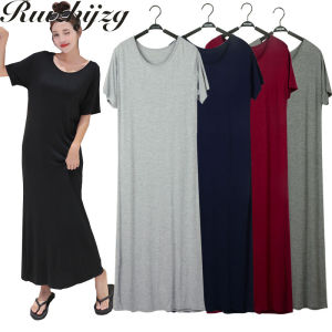 Ruizhijzg Ready Stock Plus Size Loose Short Sleeve Long Dress For Women Round Neck Plain Modal Cotton Stretchy Korean Style Women Home Wear Summer Dress Blouse