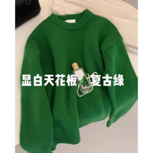 Christmas Theme Lazy Bear Velvet Hooded Sweater Womens Winter New Style Soft Thickened Loose Knittedwear Green Color