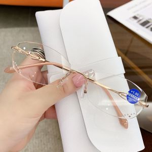 +100 to +400 Fashion Young Frameless Reading Glasses Women Anti Blue Light Diamond Presbyopic Glasses for Women