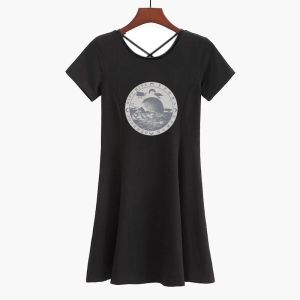 Summer New Pure Cotton Backless Short Sleeve Dress Womens Versatile Waist Cinching Little Black Dress Summer Fresh A-Line Skirt