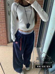 กางเกงวอร์มสไตล์ฮิปฮอปแจ๊สสีน้ำเงินเข้มสำหรับผู้หญิง กางเกงขายาวทรงขากว้าง กางเกงขายาวทรงสปอร์ต ทรงหลวม ฤดูใบไม้ร่วง/ฤดูหนาว