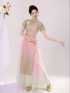 LEAF DANCE | Trang Phục Tập Múa Cổ Điển Màu Xanh Đá quý và Đỏ Đào Ombre Mesh Qipao