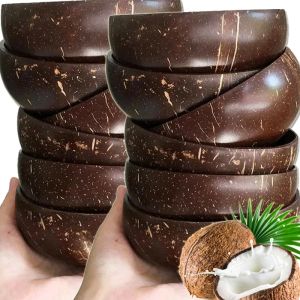Natural Coconut Bowls for Serving Dishes Wooden Salad Wood Reusable Bowl Serving Utensils Kitchen Reusable Coconut Husk Bowls