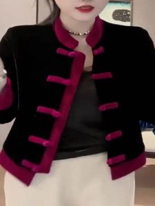 Fashionable Velvet Shirt Womens Long Sleeve Stand Collar Slim Fit Stylish Autumn Winter Top Coat Button Detail Regular Sleeve