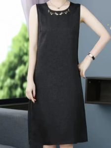 ฤดูร้อน สีดำ ผ้าไหม แขนกุด เดรส Mommy Style Retro ปักลายแตก เสื้อกั๊ก กระโปรง ลำลอง Workwear Midi ความยาว ทรงเอ