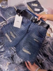 High Waist Wide Leg Short Jeans Womens Summer New Style Retro Hole Denim Pants Loose Fit Slimming Five-Quarter Straight Cut