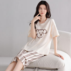 MiiOW | Bộ đồ ngủ cotton nguyên chất mùa hè cho nữ Áo chui đầu cổ tròn in họa tiết hoạt hình Quần dài đến giữa bắp chân Mềm mại thoải mái
