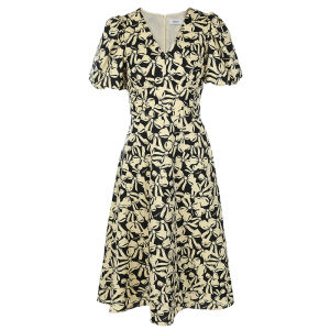 Migaino V-neck Midi Dress Womens New 2024 Elegant Bubble Sleeve A-line Floral Print Cotton Gown High Waist Zipper Closure
