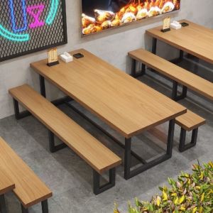 Hot Pot Restaurant Milk Tea Shop Table and Chair Combination Commercial Barbecue Canteen Bar Solid Wood Dining Table Bench Restaurant Long Table
