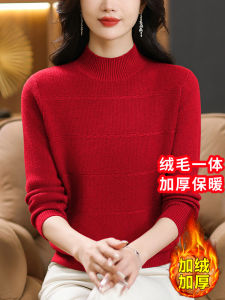 เสื้อสเวตเตอร์ถักนิตติ้งคอตั้งสีแดง ทรงหลวม ผ้าขนแกะผสมขนแกะแท้ ความหนาปกติ ความร้อนปกติ เสื้อชั้นในสำหรับผู้หญิง