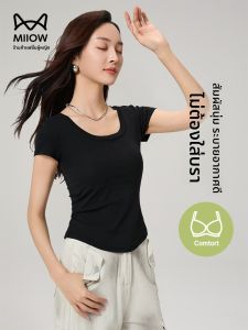 MiiOW | เสื้อยืดแขนสั้นทรงสลิมฟิตสำหรับผู้หญิง สีดำ 2025 ใหม่ ฤดูร้อน ใส่ได้ทั้งกลางแจ้งและภายใน มีแผ่นเสริมหน้าอก ผลิตจากเส้นใยลินเยาวชน