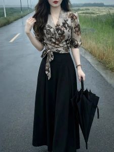 XUECAIQI | Vintage French V-Neck Print Shirt and Wide Leg Pants Set Female Slimming Elegance