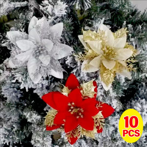 YESPERY 10Pcs 14cm Glitter Artificial Christmas Flowers DIY Fake Flower Xmas Tree Ornaments New Year Party Christmas Decoration Supplies