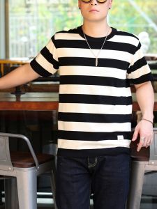 เสื้อทีเชิ้ตงานฝีมือดี G เสื้อลายขวางแขนสั้นลายทางสำหรับ ผู้ชาย ผู้หญิง เสื้อยืดแขนสั้นทรงหลวมผ้าฝ้ายแท้สีดำสีฟ้าขาววินเทจสไตล์อเมริกันสำหรับฤดูร้อน