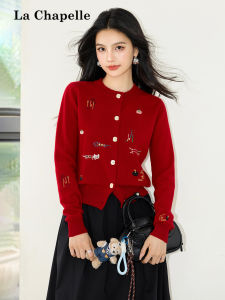 La Chapelle | Red Autumn Winter New Cartoon Embroidery Sweater Cardigan