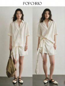 POPCHRIO | Bộ Đầm Nơ V-neck Cổ Bẻ Phong Cách Vintage kèm Quần Short