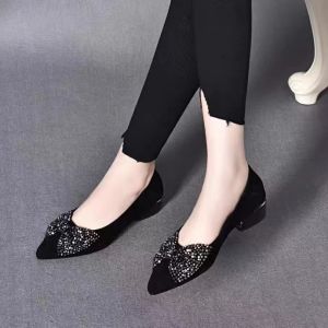 Comfortable Butterfly Knot Slip-On Womens Shoes Spring Autumn New Style Versatile Thick Heel Low Diamond Bean Bean Shoes