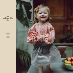 Lelejove Nordic Style Girls Sweet round Neck Bubble Sleeve Princess Shirt Spring Autumn Cotton Blend Fabric Long Sleeve Top