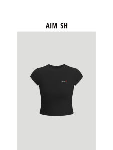 New Arrival AIM SH Direct round Neck Embroidered Short Sleeve T-Shirt Womens Simple Short Style Cotton Blend Summer Top
