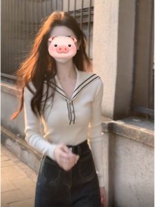 BINKAFENNY | Slim Fit Naval Collar Long Sleeve Knitted Sweater Womens Early Autumn New Style Base Shirt Top Korean Style Commute Fashion